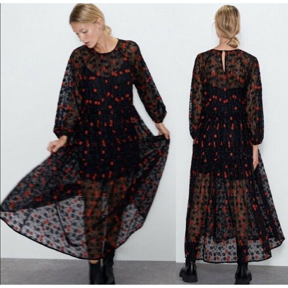 Zara Floral Embroidered Oversized sheer Dress size XS black and red - Picture 2 of 9